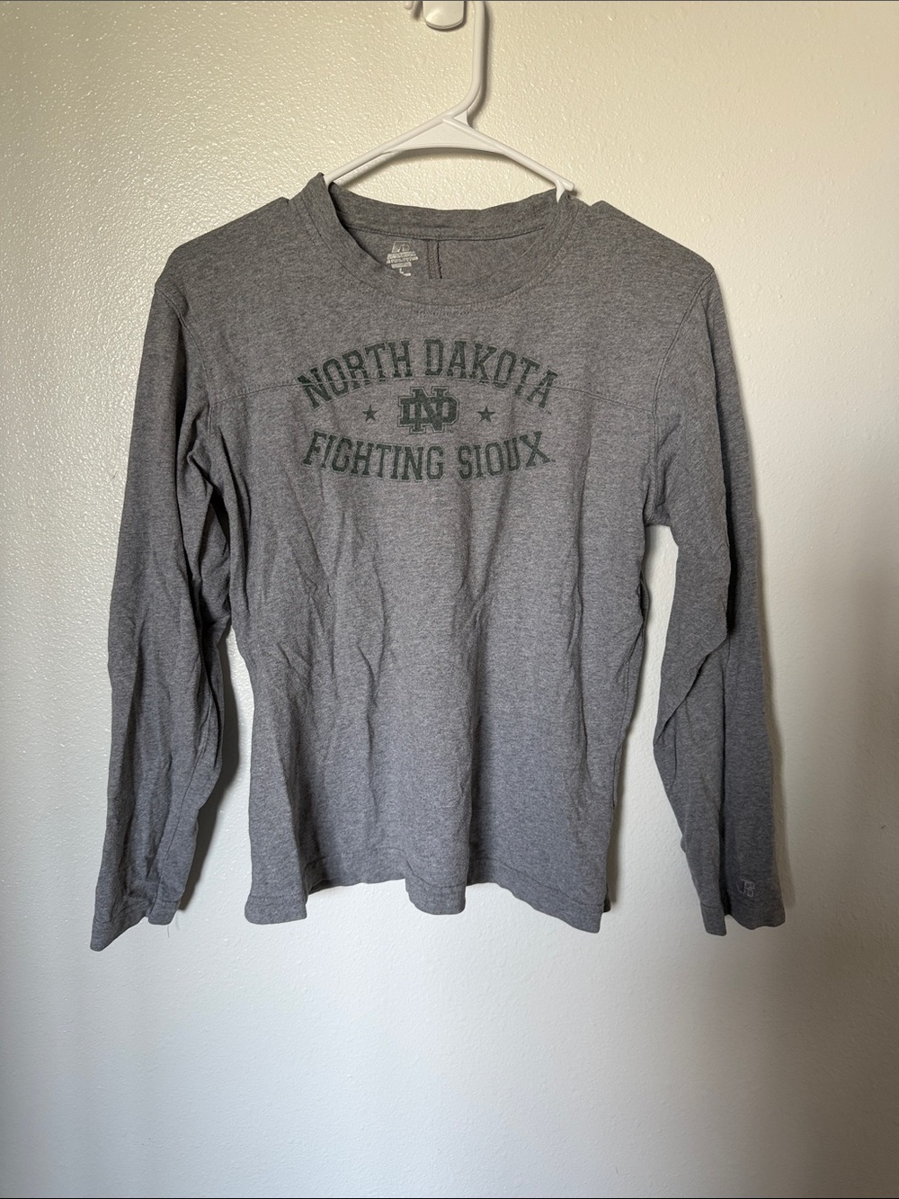 Russell Athletic Grey Long Sleeve Kids Tee with North Dakota Graphic